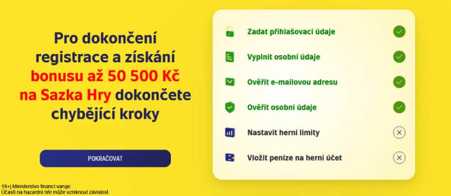 Seznam splněných a&nbsp;chybějících registračních kroků u&nbsp;Sazka Her