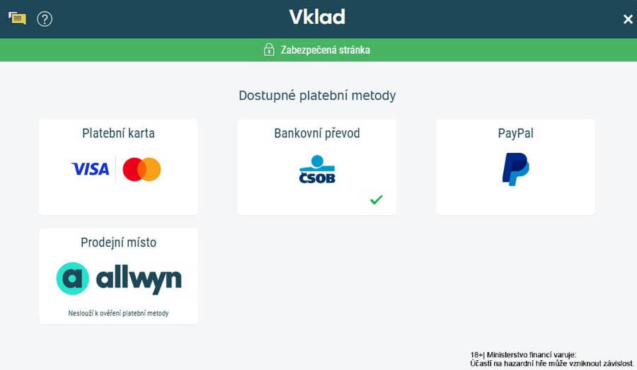 Zvolte platební metodu, kterou na herní konto provedete první online vklad