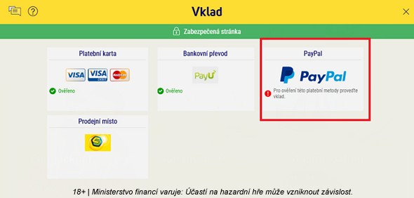 PayPal dobíjení hráčského konta u Sazky