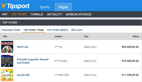 Top výhry týdne v Tipsport Vegas