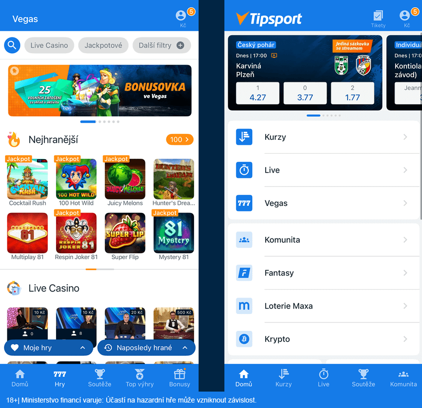Snímky obrazovky z&nbsp;mobilní aplikace Tipsport