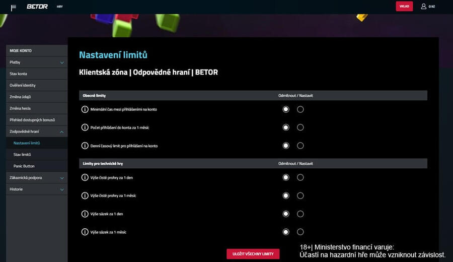 Nastavení herních limitů u&nbsp;Betoru