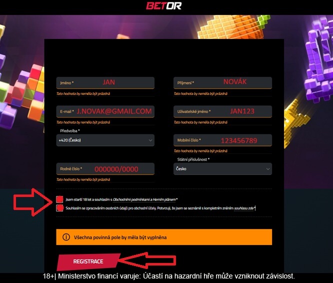 Betor registrační formulář