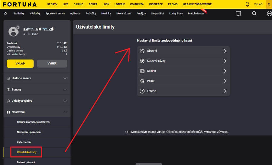 Nastavení herních limitů u&nbsp;Fortuny