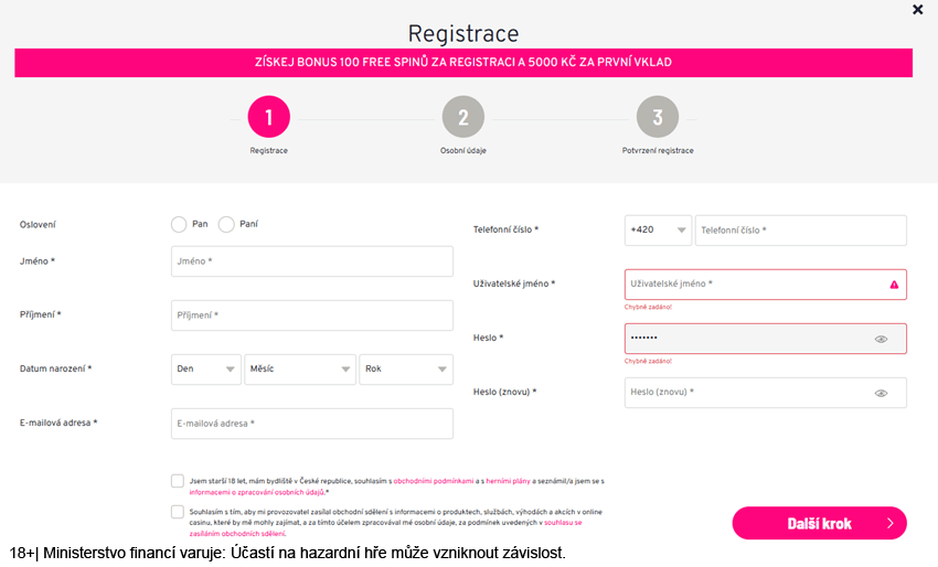 Registrační formulář v&nbsp;online casinu Apollo Games