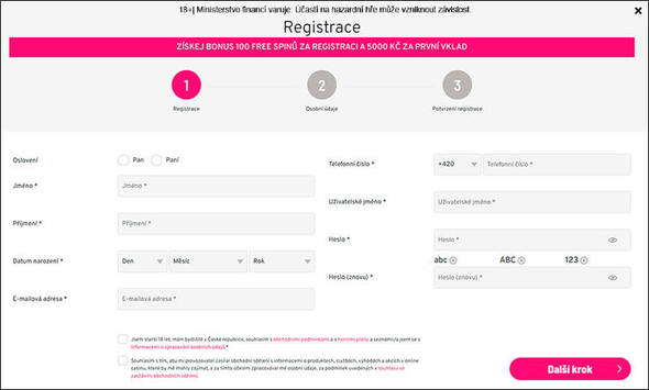 Registrační formulář casino Apollo
