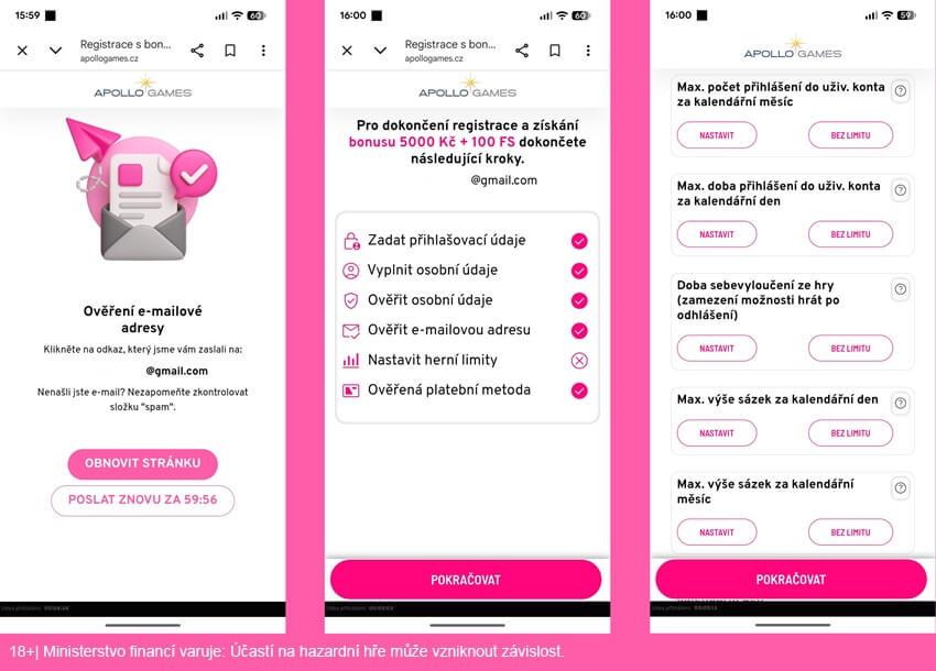 Ověření e-mailové adresy a&nbsp;nastavení herních limitů v&nbsp;casinu Apollo Games