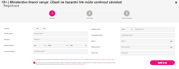 Registrační formulář online casina Apollo Games