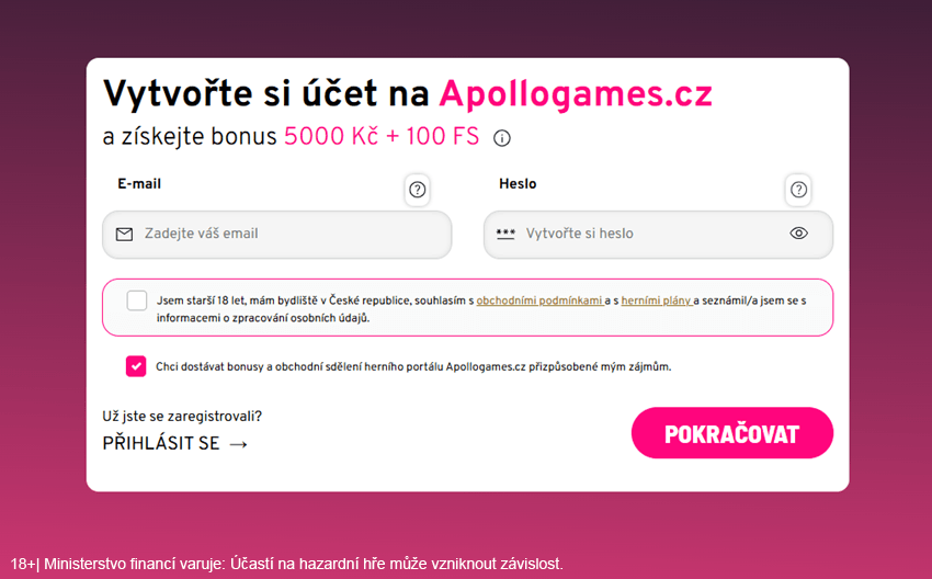 Registrační formulář Apollo Games s&nbsp;polem pro e-mail a&nbsp;heslo