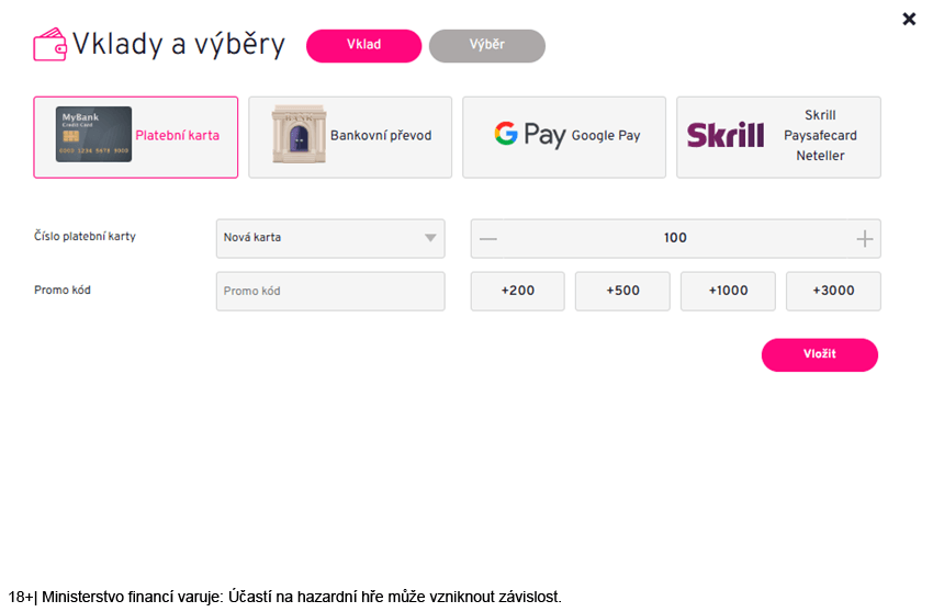Možnosti vkladu v&nbsp;Apollo Games včetně karty, převodu a&nbsp;elektronických peněženek