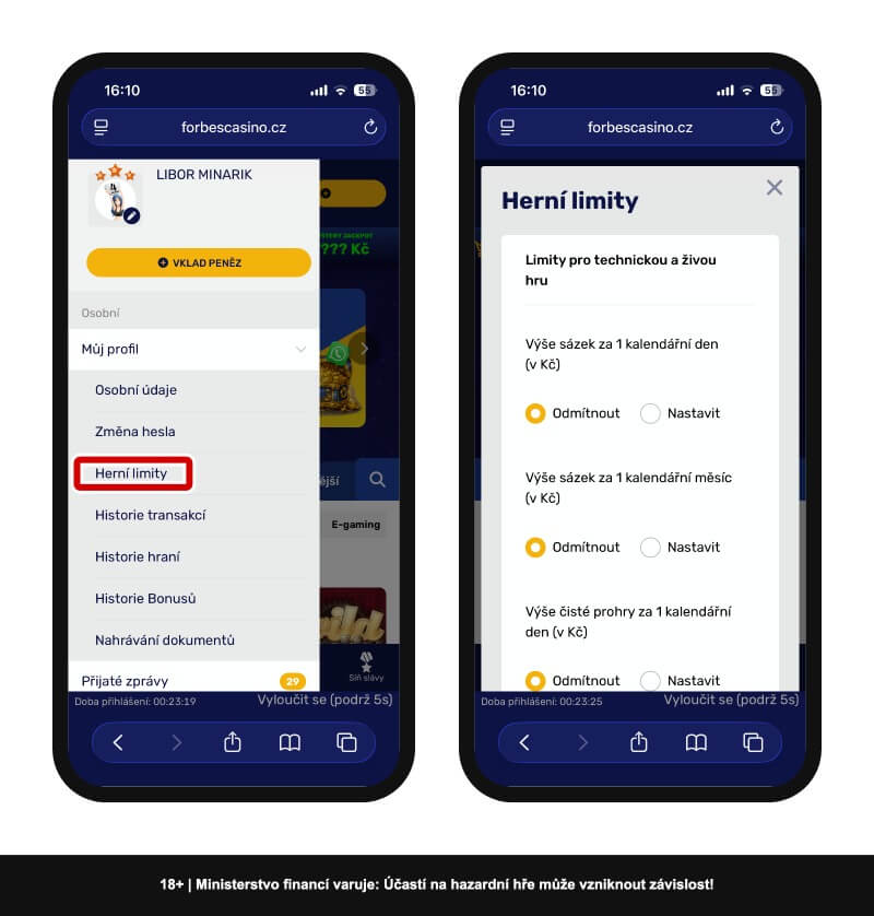 Nastavení herních limitů ve Forbes casinu