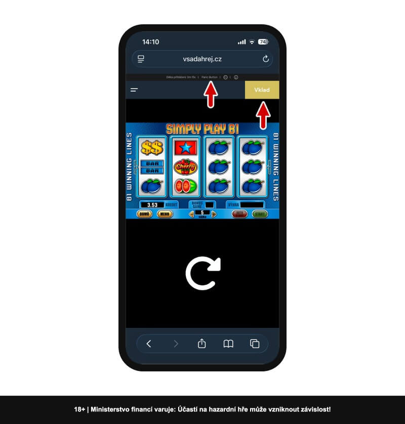 Porovnání viditelnosti tlačítek Vklad a&nbsp;Panic button v&nbsp;casinu Vsaď a&nbsp;hrej
