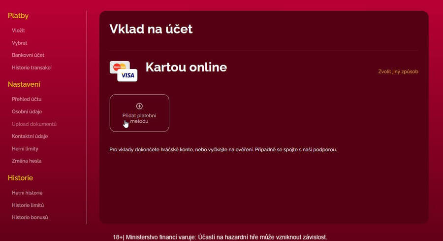 LuckyBet registrace – přidání platební metody