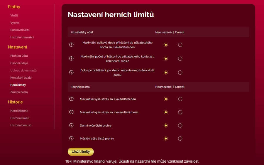 LuckyBet registrace – nastavení herních limitů