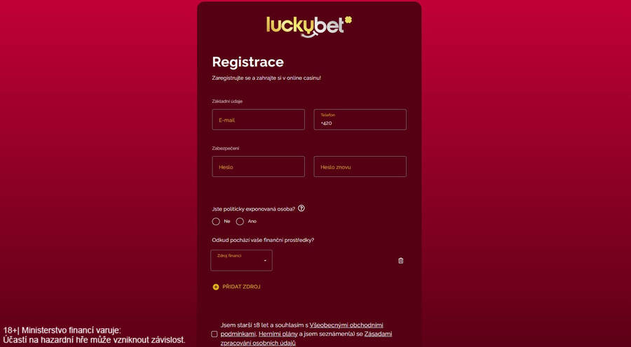 LuckyBet registrace – 1. krok