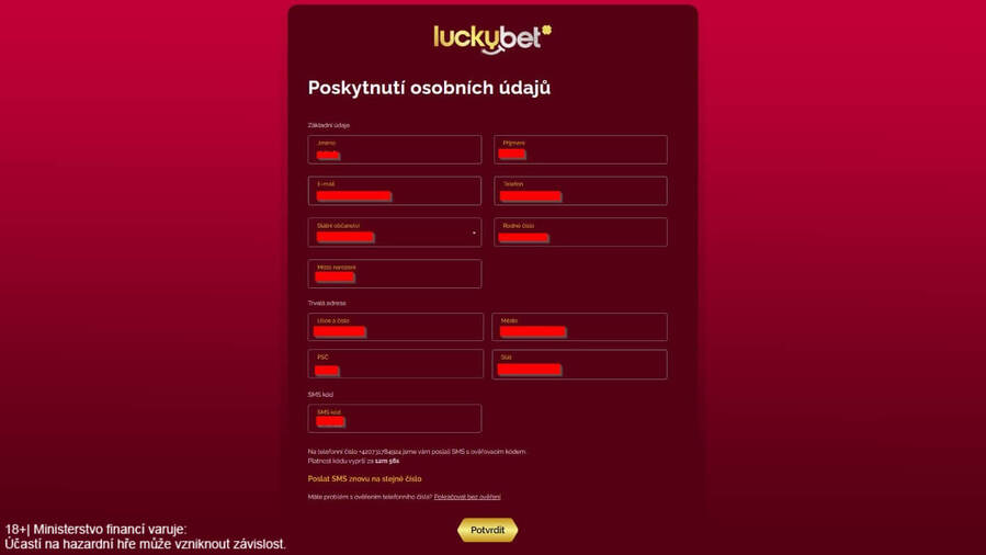 LuckyBet registrace – 2. krok