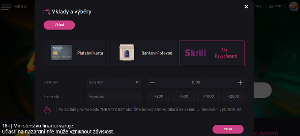Paysafecard zvolte v sekci VKLADY a VÝBĚRY