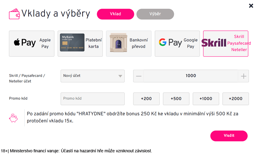 výběr Paysafecard v&nbsp;sekci vklady a&nbsp;výběry Apollo Games