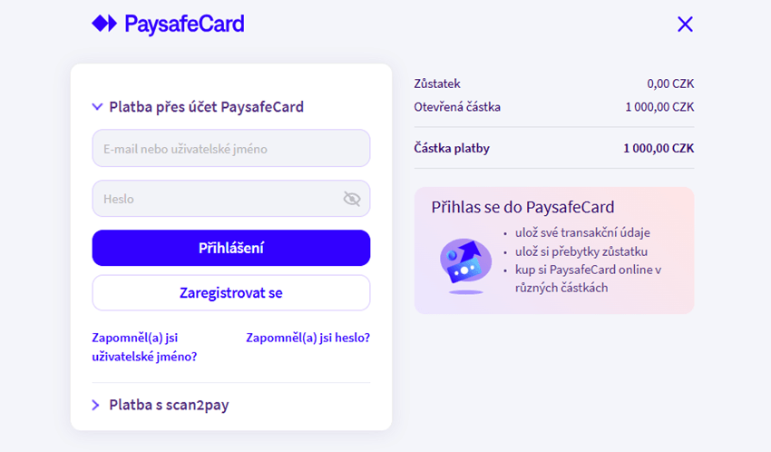 zadání 16místného kódu Paysafecard při platbě vyžaduje přihlášení