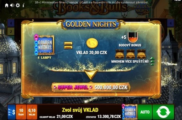 S plně zapnutým Golden Nights bonusem můžete vyhrát až 500 000 Kč.