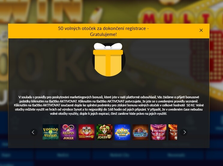 50 jednokorunových free spinů za dokončení registrace