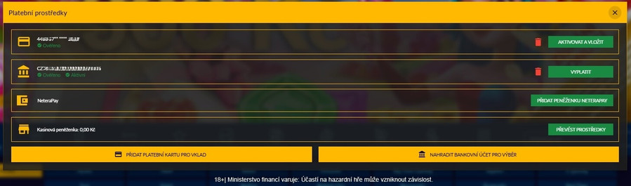 Admiral casino nabízí dva platební prostředky vkladu (platební karta, NeteraPay) a&nbsp;dva pro výběr peněz (bankovní převod, NeteraPay).