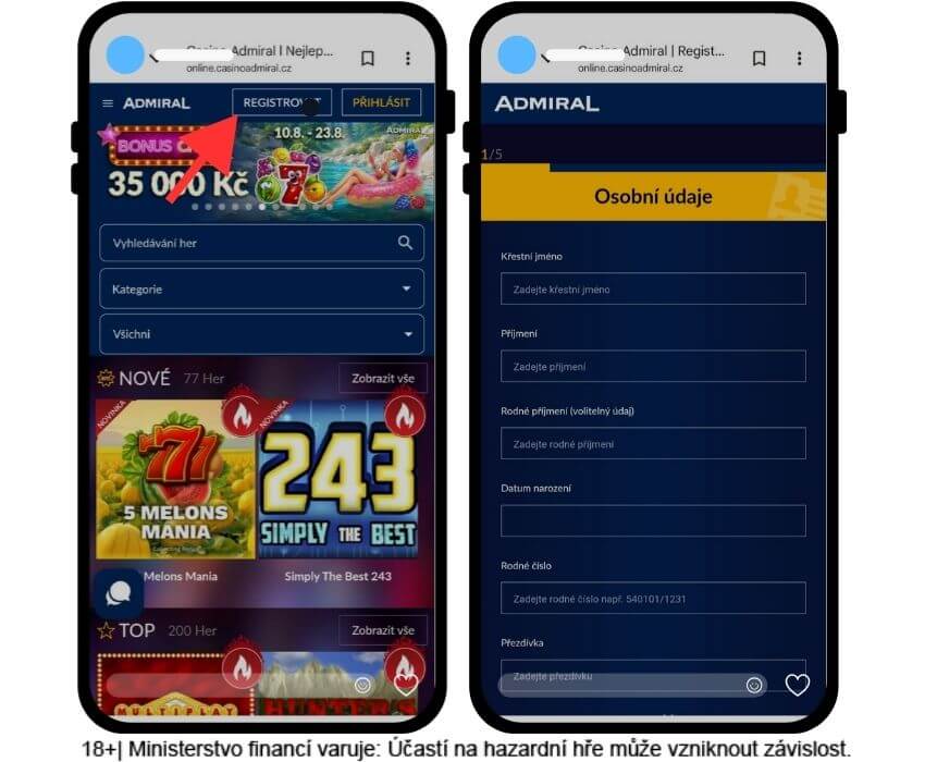 Registrace v&nbsp;online casinu Admiral