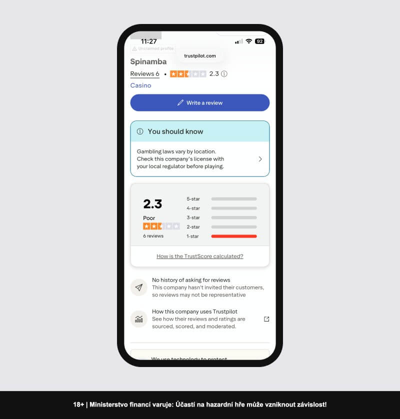 Hodnocení Spinamba casina na Trustpilotu