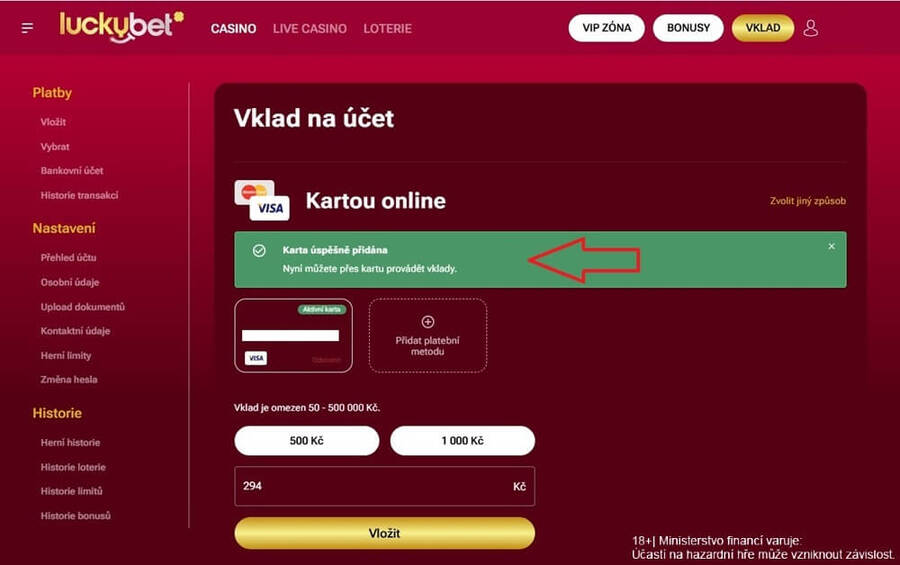 Potvrzení, že jste platební metodu uložili správně