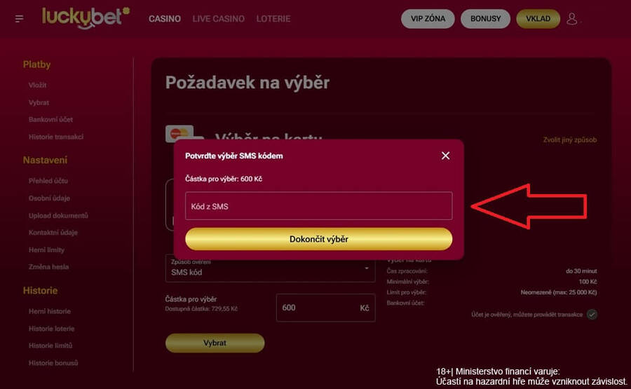 Kód je nutné vyplnit ve správném tvaru, jinak bude výběr zamítnut