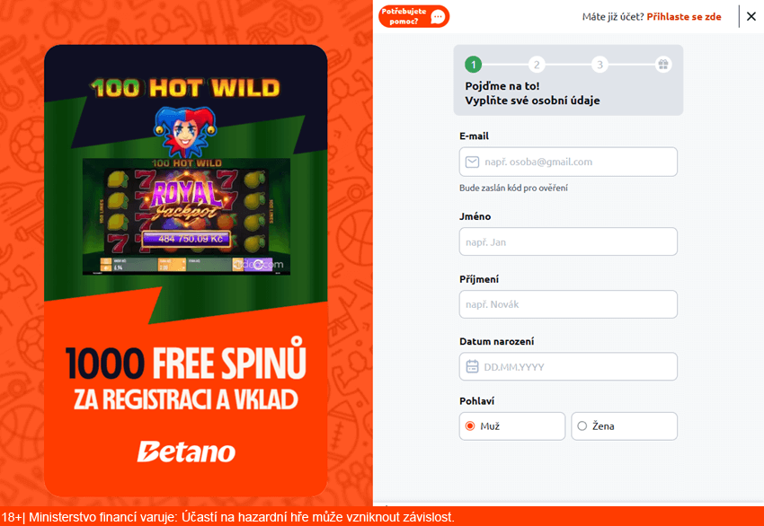 První stránka registračního formuláře u Betana
