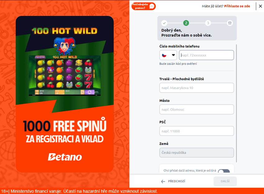 Na druhé stránce registračního formuláře je nutné vyplnit telefonní číslo, na které vám přijde ověřovací SMS.