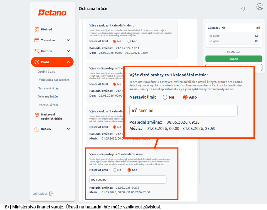 Herní limity v&nbsp;online casinu Betano
