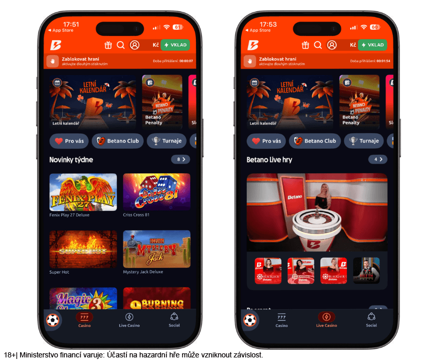 Casino sekce v&nbsp;mobilní aplikaci Betano