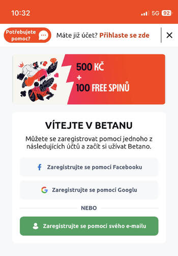 Registrace s&nbsp;Betano promo kódem MEGABONUS – krok 2.