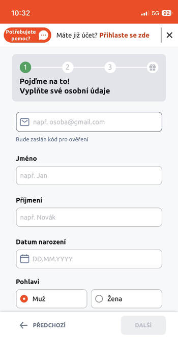 Registrace s&nbsp;Betano promo kódem MEGABONUS – krok 3.