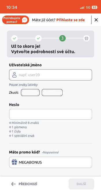 Registrace s&nbsp;Betano promo kódem MEGABONUS – krok 5.