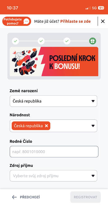 Registrace s&nbsp;Betano promo kódem MEGABONUS – krok 6.