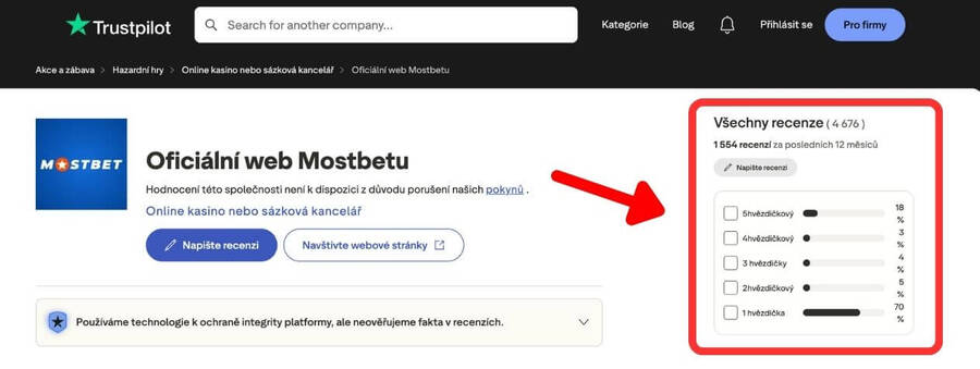 Hodnocení online casina Mostbet na portálu Trustpilot