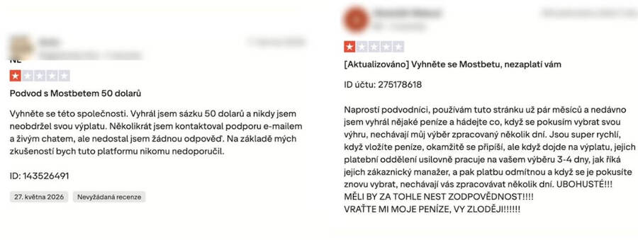 Negativní recenze casina Mostbet na Trustpilotu