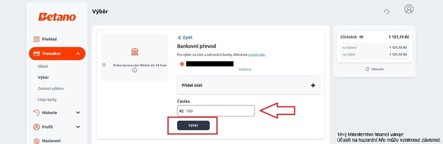 Vyplňte částku, kterou chcete vybrat a&nbsp;klikněte na VÝBĚR
