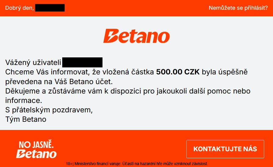 Potvrzení o&nbsp;úspěšném vkladu vám bude zasláno na e-mail