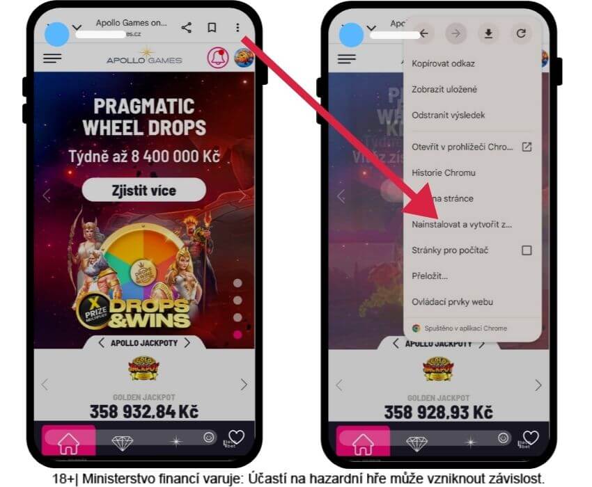 Postup stažení Apollo Games pro Android přes Google Chrome