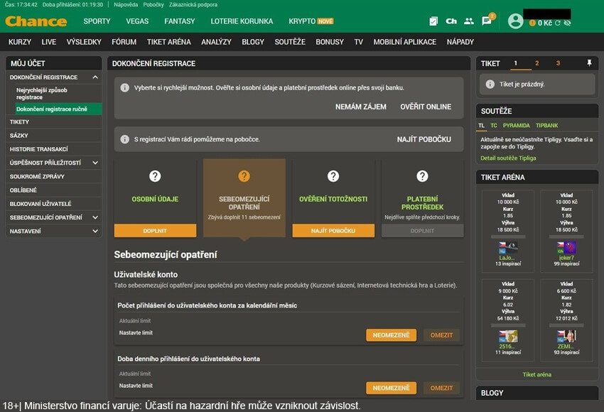 Nastavení sebeomezujících opatření v rámci registrace u Chance Vegas