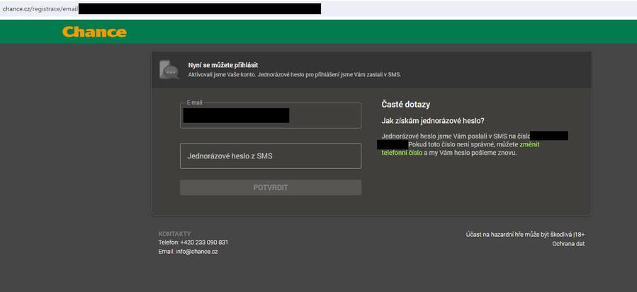 Chance přihlášení – první přihlášení pomocí SMS