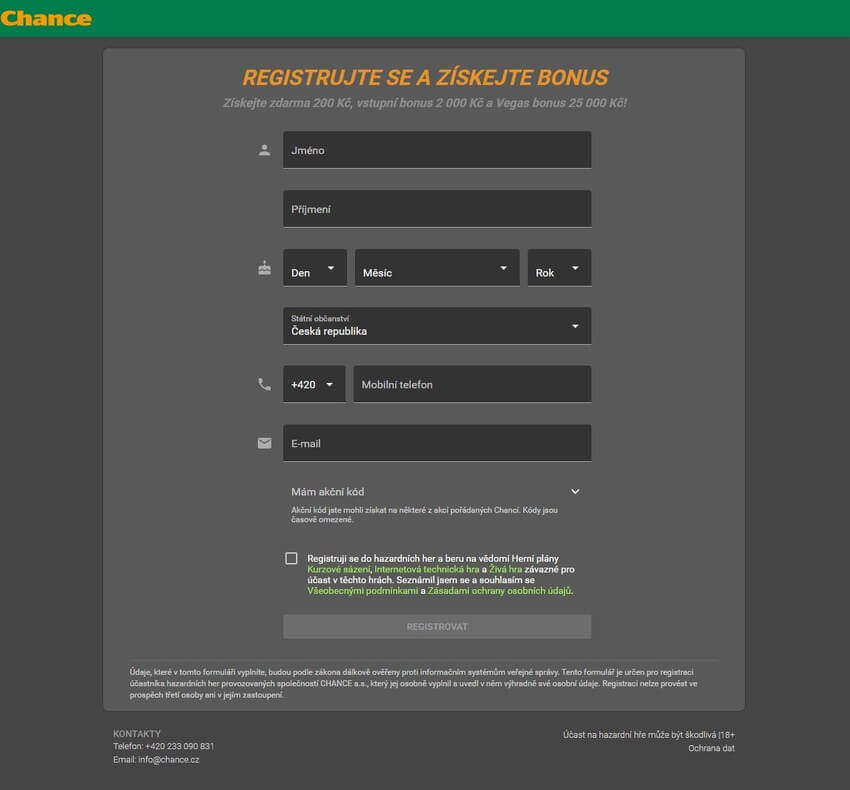 Registrační formulář Chance