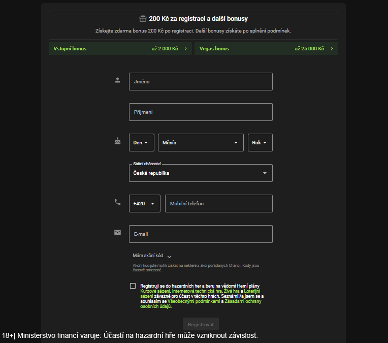 Registrační formulář v online casinu Chance Vegas