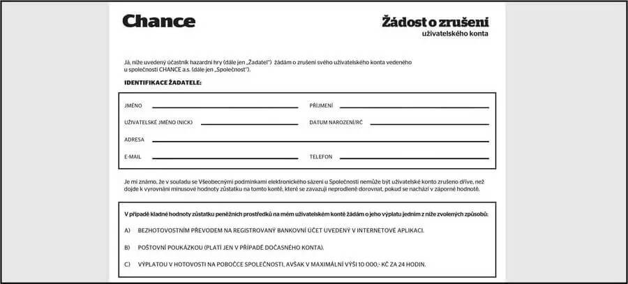 Chance zrušení účtu - formulář