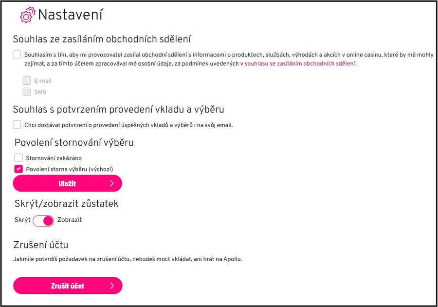 Zrušení účtu Apollo Games casina