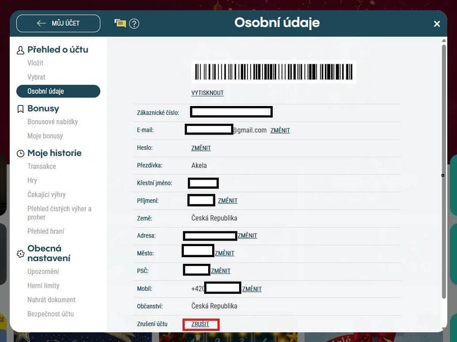 Sazka (Allwyn) zrušení účtu